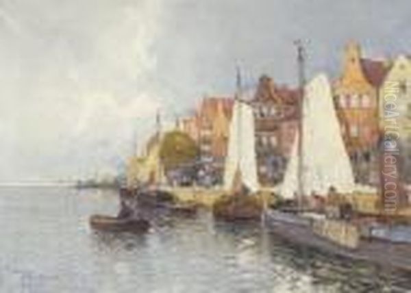 Hollandische
 Hafenansicht. Oil Painting by Georg Fischof