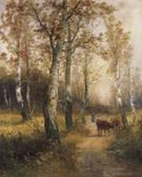 Cattles At The Ledge Of The Woods Oil Painting by Georg Fischof