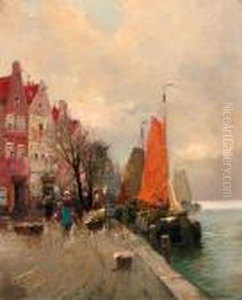 Figures On A Dutch Quay Oil Painting by Georg Fischof