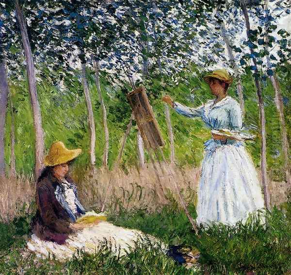 In The Woods At Giverny - BlancheHoschede Monet At Her Easel With Suzanne Hoschede Reading Oil Painting by Claude Oscar Monet