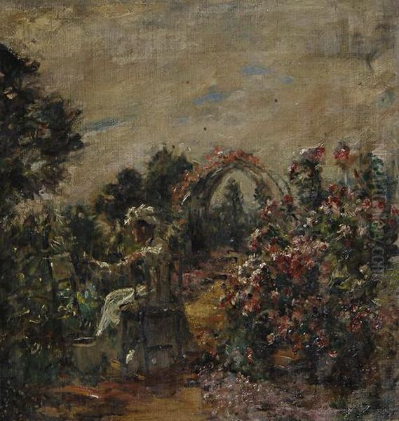 A Woman Painting In A Garden Oil Painting by William Mark Fisher