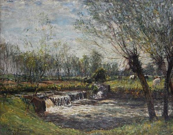 A Weir With Cattle Grazing Beyond Oil Painting by William Mark Fisher