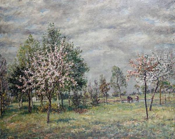 Cattle Watering By Cherry Trees Oil Painting by William Mark Fisher