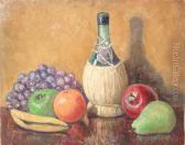 Still Life With Fruit And Wine Bottle Oil Painting by William Mark Fisher