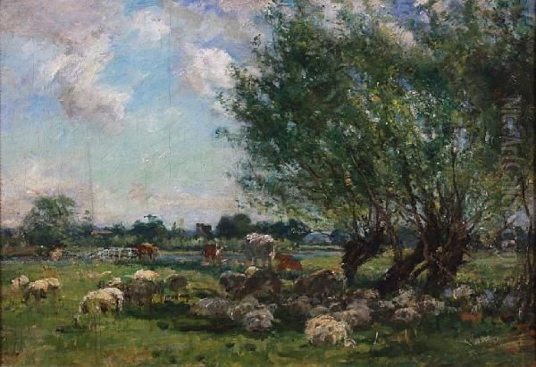 Sheep And Cattle Resting In The Shade Oil Painting by William Mark Fisher