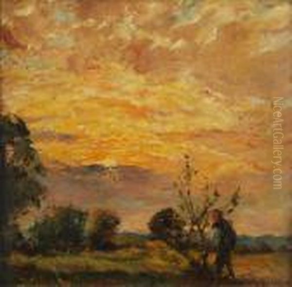 A Figure In A Landscape At Sunset Oil Painting by William Mark Fisher