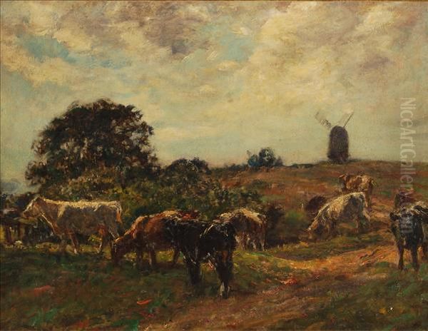 Cattle Grazingin A Landscape, A Windmill Beyond Oil Painting by William Mark Fisher