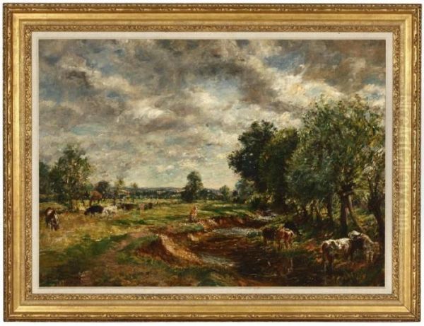 Cattle Watering And Grazing Near A Stream Oil Painting by William Mark Fisher