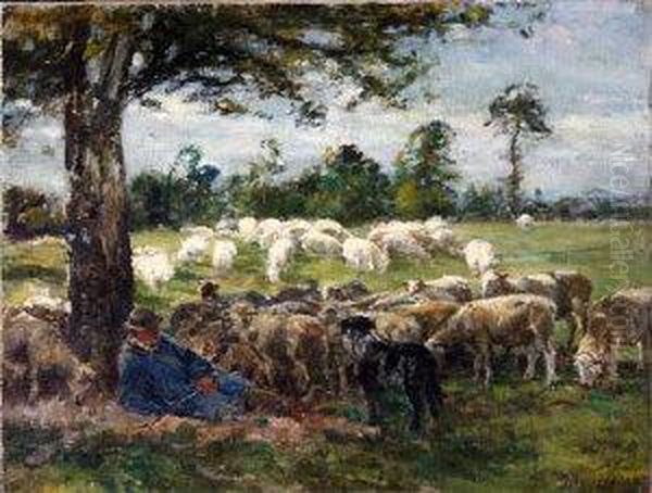 A Shepherd And His Dog Tending A Flock Of Sheep Oil Painting by William Mark Fisher