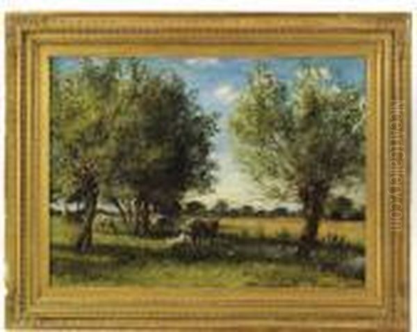 Cattle Watering In A River Landscape Oil Painting by William Mark Fisher