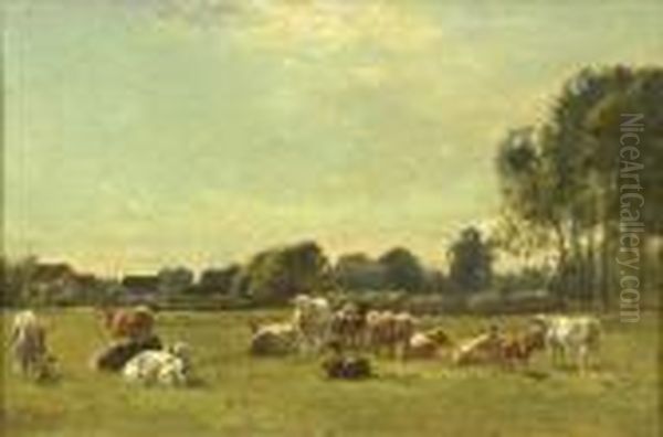 Cattle Grazing In A Landscape Oil Painting by William Mark Fisher