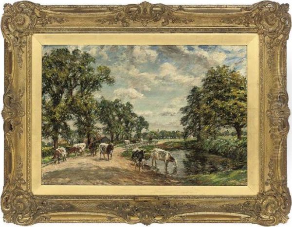 Cattle Watering In A Summer Landscape Oil Painting by William Mark Fisher