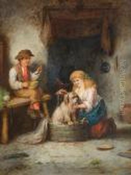 Dancing The Jig; And Bath Time Oil Painting by William Mark Fisher