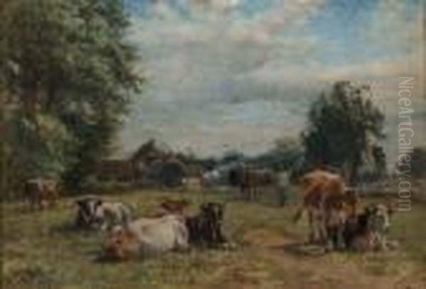 A Pastoral Landscape With Cattle And Trees In Front Of Farmbuildings Oil Painting by William Mark Fisher