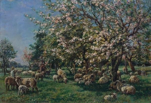 Drover With Sheep Resting Under Apple Blossom Oil Painting by William Mark Fisher