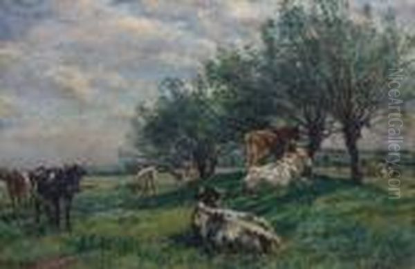 Cattle Resting, Harvesters Beyond Oil Painting by William Mark Fisher