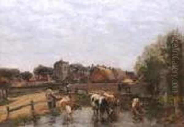 Cattle Watering In A Village Pond. Oil Painting by William Mark Fisher