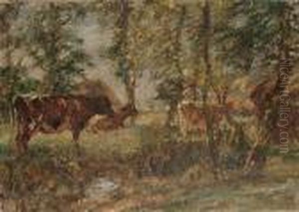 Cattle In A Clearing Oil Painting by William Mark Fisher