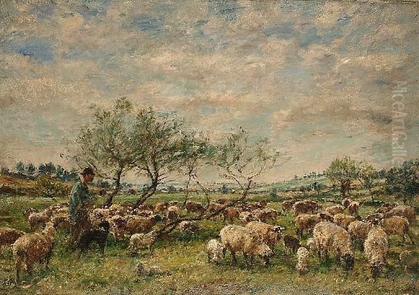 A Shepherd And His Flock In A Summer Meadow Oil Painting by William Mark Fisher