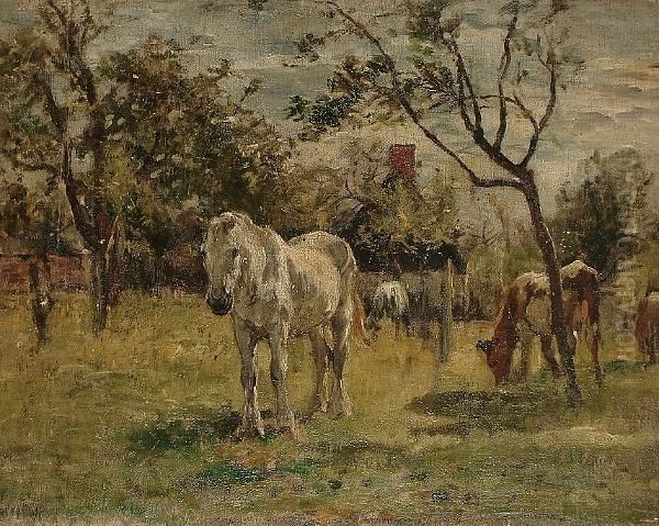 Horses And Cattle In An Orchard Oil Painting by William Mark Fisher