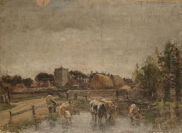 Cattle Watering In A Village Pond Oil Painting by William Mark Fisher