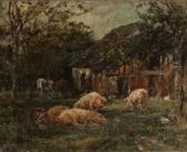 Pigs And Chickens By A Barn Oil Painting by William Mark Fisher