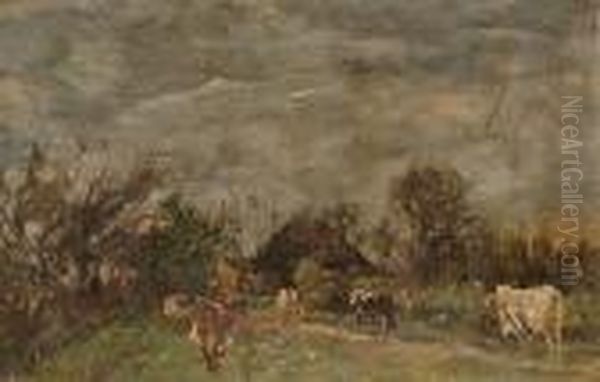 Cows In A Stormy Landscape Oil Painting by William Mark Fisher