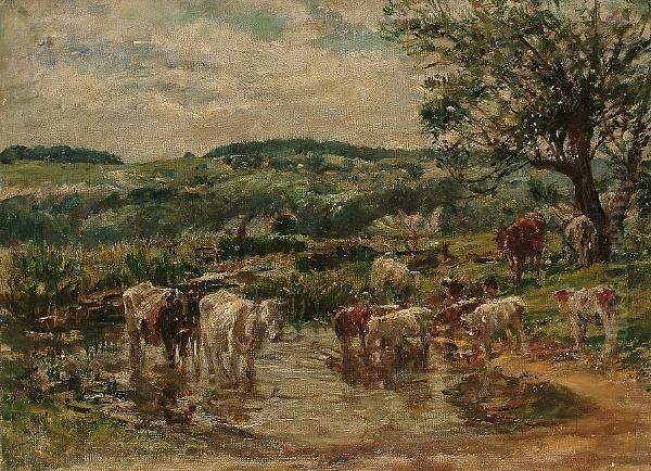 Cattle Watering, An Extensive Landscape Beyond Oil Painting by William Mark Fisher