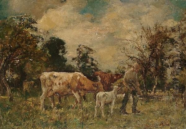 A Cow And Calf Following A Figure Carrying Hay Oil Painting by William Mark Fisher