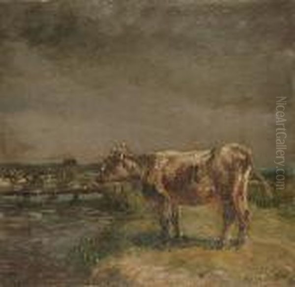 A Study Of A Standing Cow In A Landscape Oil Painting by William Mark Fisher