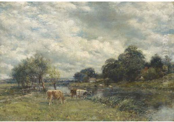 Cattle Watering In A River Landscape Oil Painting by William Mark Fisher