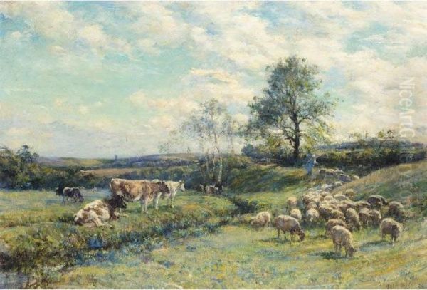 Sheep And Cattle In A Pasture Landscape Oil Painting by William Mark Fisher