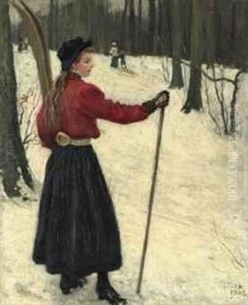 Skiers In A Snowy Wood Oil Painting by Paul-Gustave Fischer