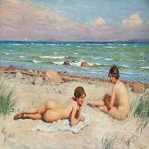 Two Girls At Thebeach Oil Painting by Paul-Gustave Fischer