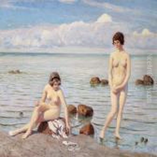 Summer Day On The Beach With Two Young Girls Oil Painting by Paul-Gustave Fischer