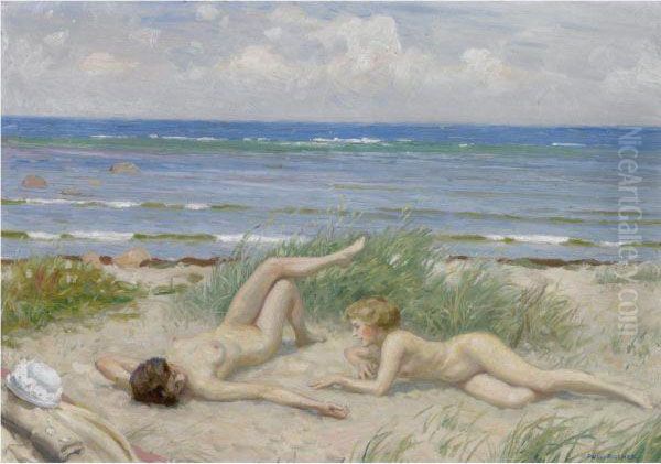 Piger Pa Stranden, Bastad (girls On The Beach, Bastad) Oil Painting by Paul-Gustave Fischer