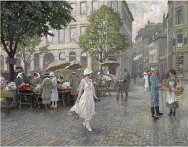 Hojbro Plads, Copenhagen Oil Painting by Paul-Gustave Fischer