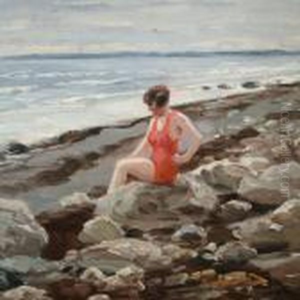 Coastal Scenery With A Woman In A Red Swimsuit Oil Painting by Paul-Gustave Fischer