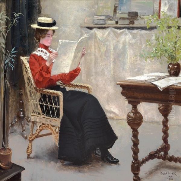 Interior With A Younggirl Reading Oil Painting by Paul-Gustave Fischer