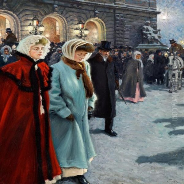 After The Performance Outside The Royal Theatre In Copenhagen Oil Painting by Paul-Gustave Fischer