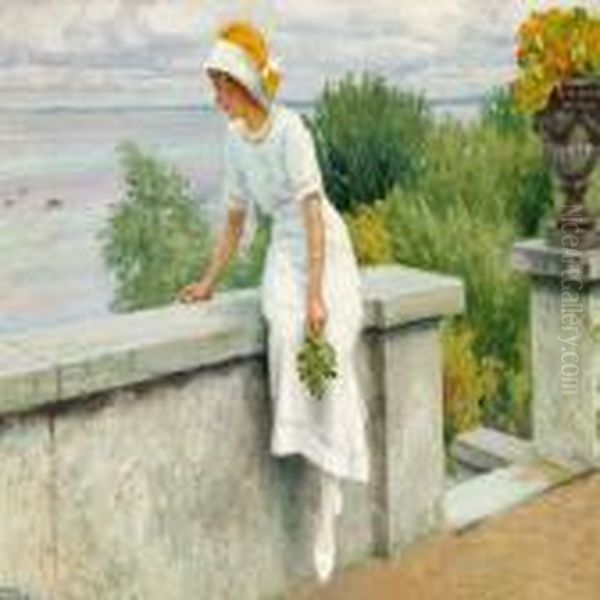 Young Woman In A White Dress By The Seaside Oil Painting by Paul-Gustave Fischer