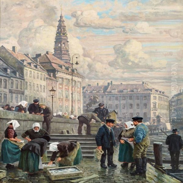 Fishwifes Selling Fish In Copehagen Oil Painting by Paul-Gustave Fischer