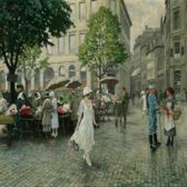 Spring Day With Women Selling Flowers At Hojbro Plads Oil Painting by Paul-Gustave Fischer