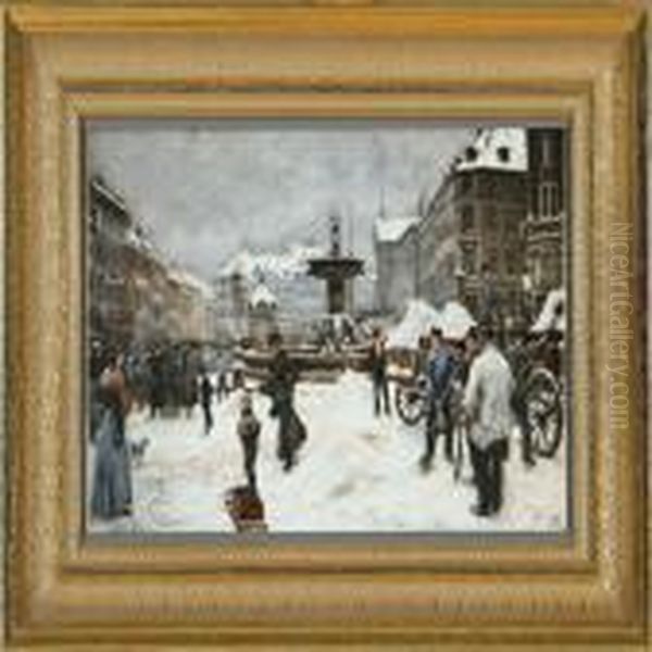 Three Porcelain Plaques Printed In Colours With Scenes From Copenhagen Oil Painting by Paul-Gustave Fischer