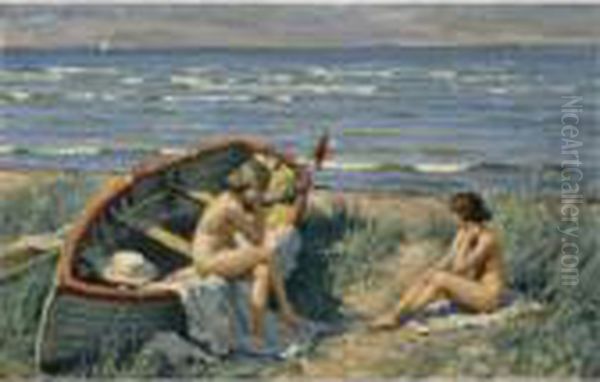 Motiv Fra Bastad (the Beach At Bastad) Oil Painting by Paul-Gustave Fischer