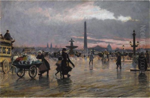 Concorde Pladsen, Paris (place De La Concorde, Paris) Oil Painting by Paul-Gustave Fischer