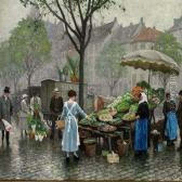 A Vegetable Stall In Hojbro Plads In Copenhagen Oil Painting by Paul-Gustave Fischer