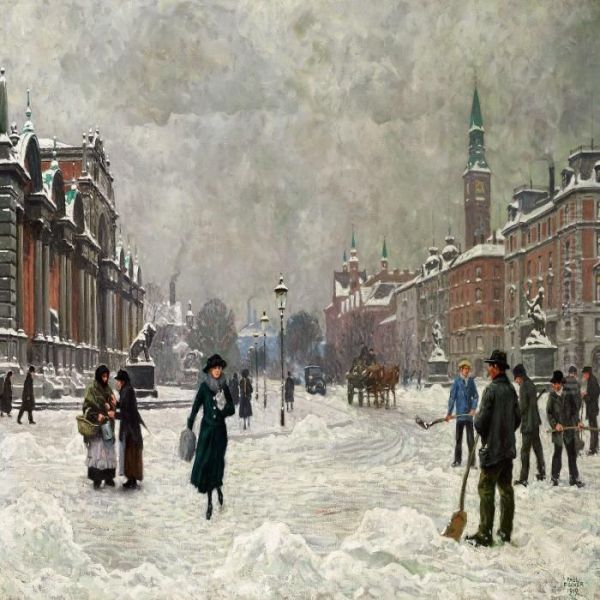 Winter Day Outside Ny Carlsberg Glyptotek In Copenhagen Oil Painting by Paul-Gustave Fischer