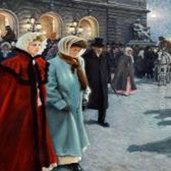 After The Play Outside The Royal Theatre Oil Painting by Paul-Gustave Fischer