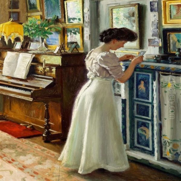 The Artist's Wife Dagny In The Living Room Oil Painting by Paul-Gustave Fischer